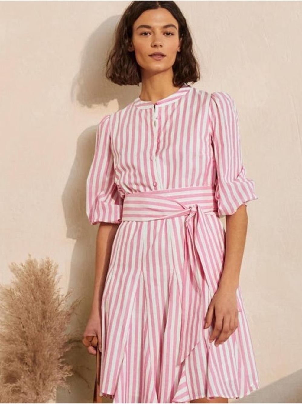 Boden Pink White Dress Stripe Cotton Puff Sleeve Dress Size US 8R